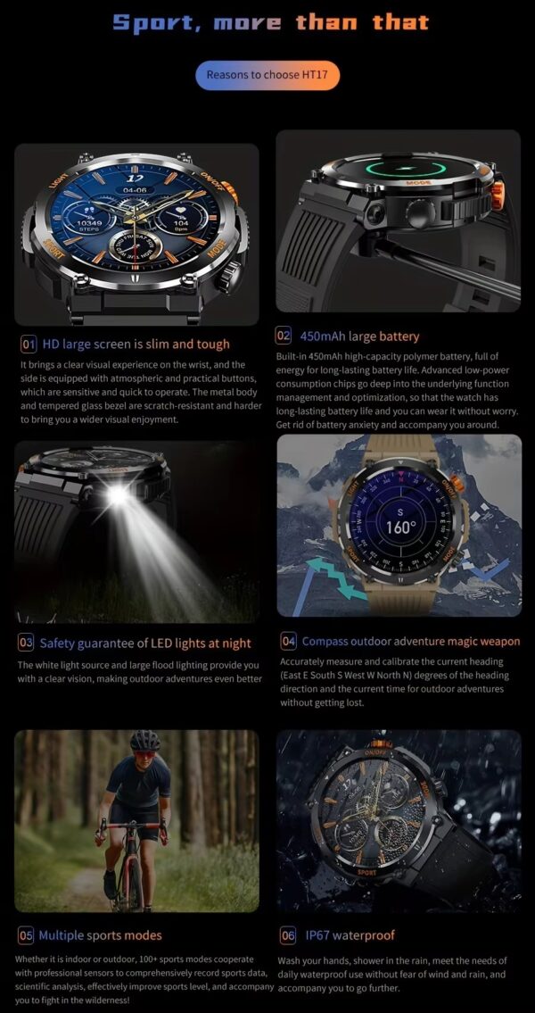 HT17 Smart Watch 1.46" HD Screen Waterproof Activity Tracker Bracelet with LED Flashlight Heart Rate Sleep Monitor - black - Image 4